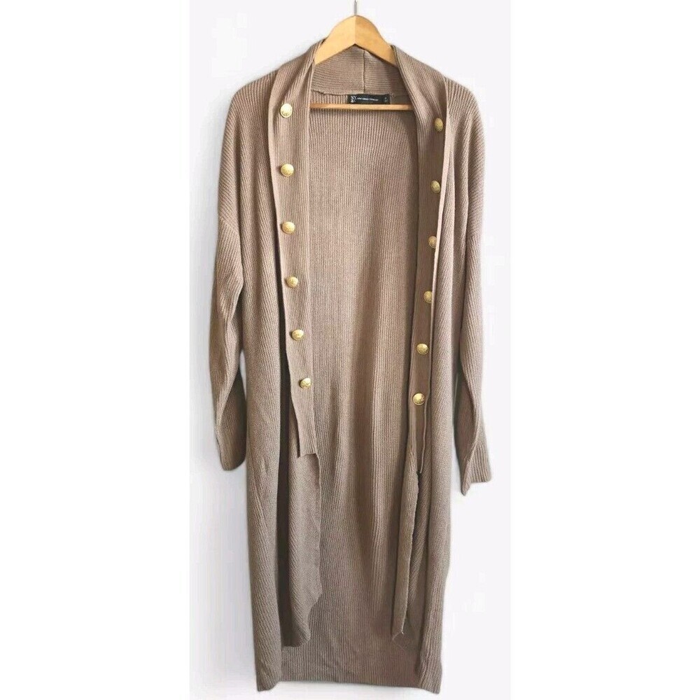 NY & Co Long Knit Duster Cardigan Tan Gold Button Womens M Long Sleeves